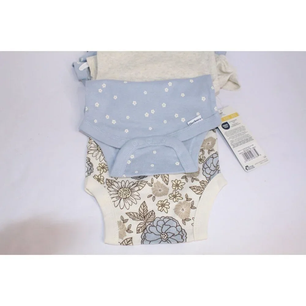 Gerber Onesies 3 Pack Girls 3-6 months Cream Brown Blue Buttons Short Sleeve NWT
